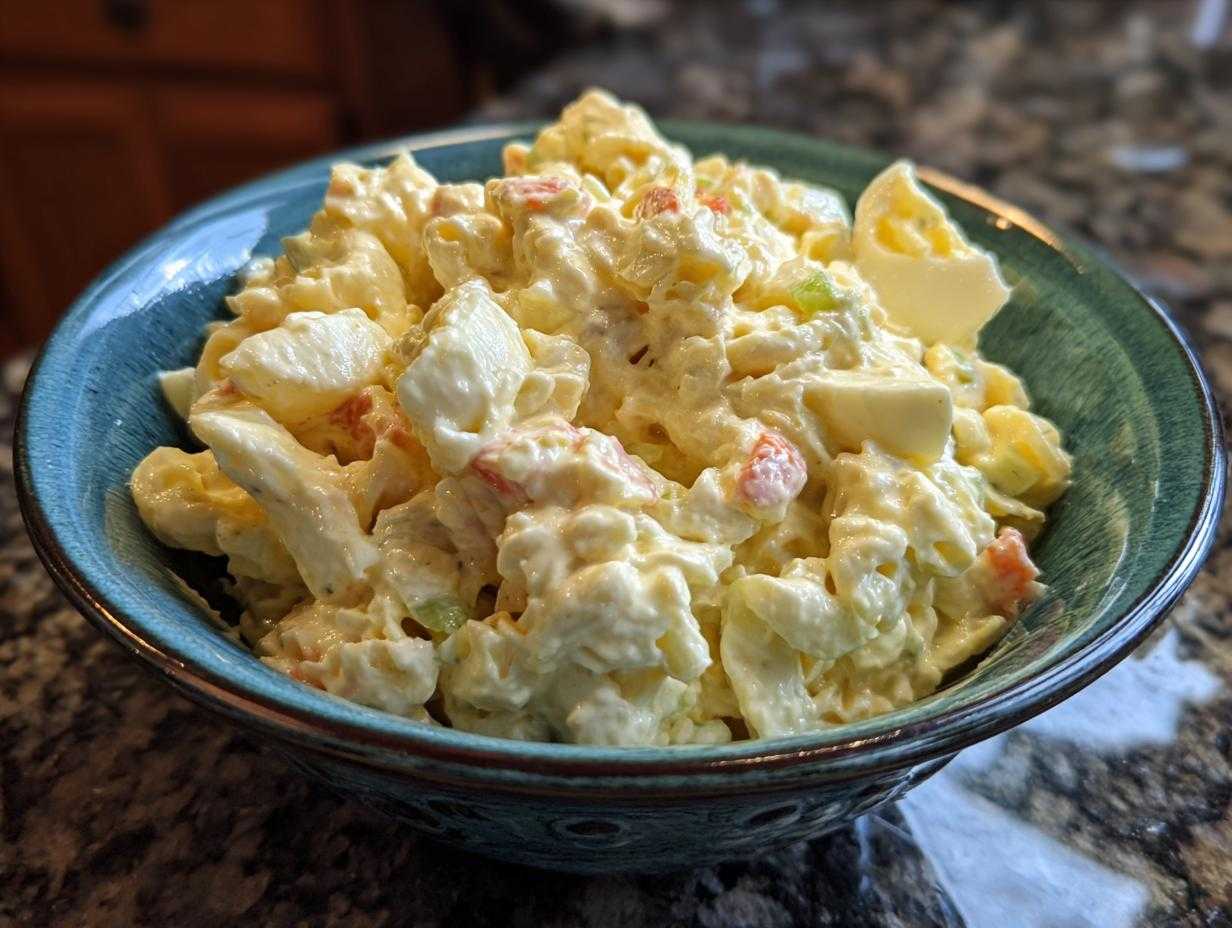 A bowl of Amish macaroni salad featuring macaroni, mayonnaise dressing, celery, carrots, and hard-boiled eggs.