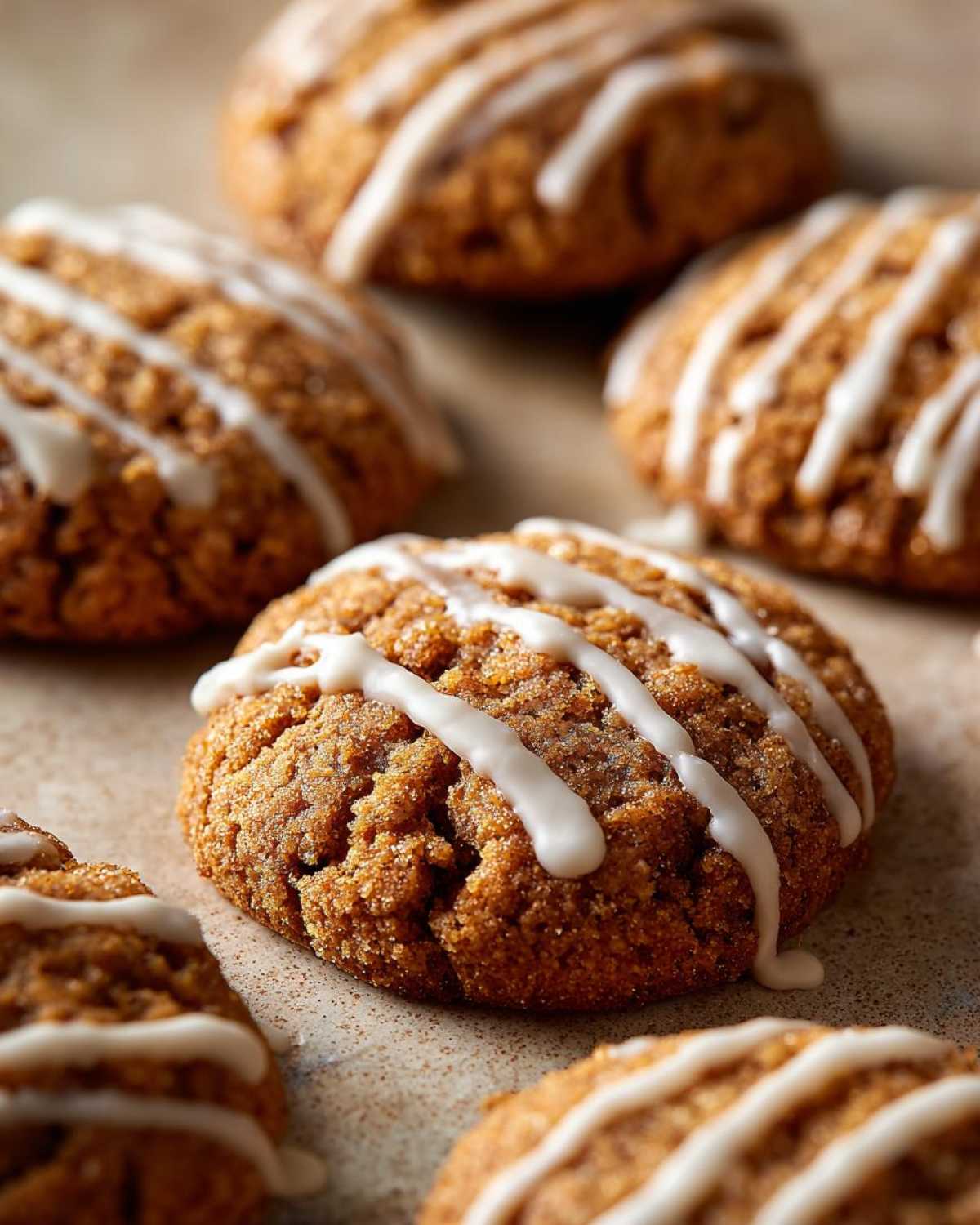 Close-up of several apple butter cookies with a white icing drizzle on a speckled surface.