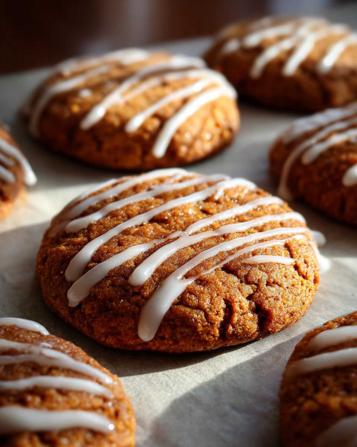 Close-up of iced apple butter cookies on a baking sheet, showcasing the drizzle icing.