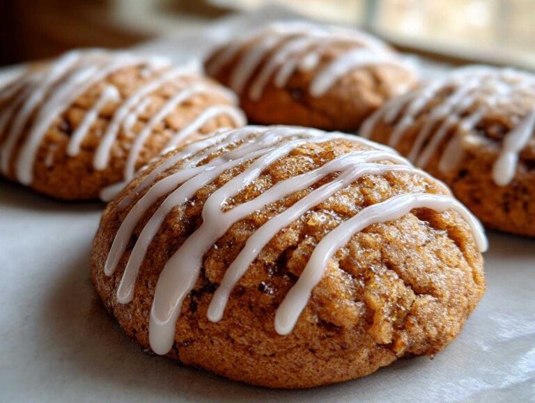 Close-up of delicious apple butter cookies drizzled with white icing on a plate.