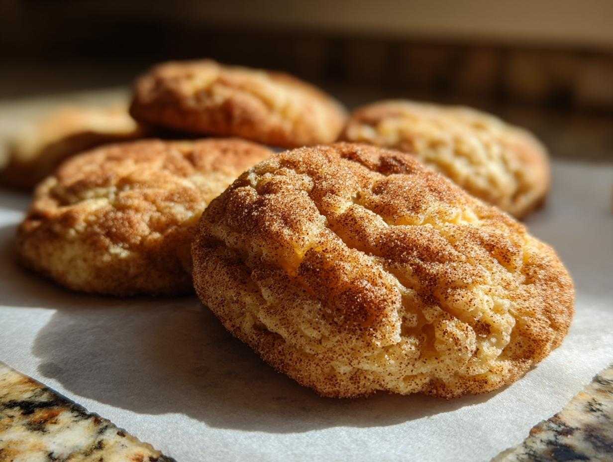 Close-up of chewy apple cider cookies coated in cinnamon sugar on parchment paper.