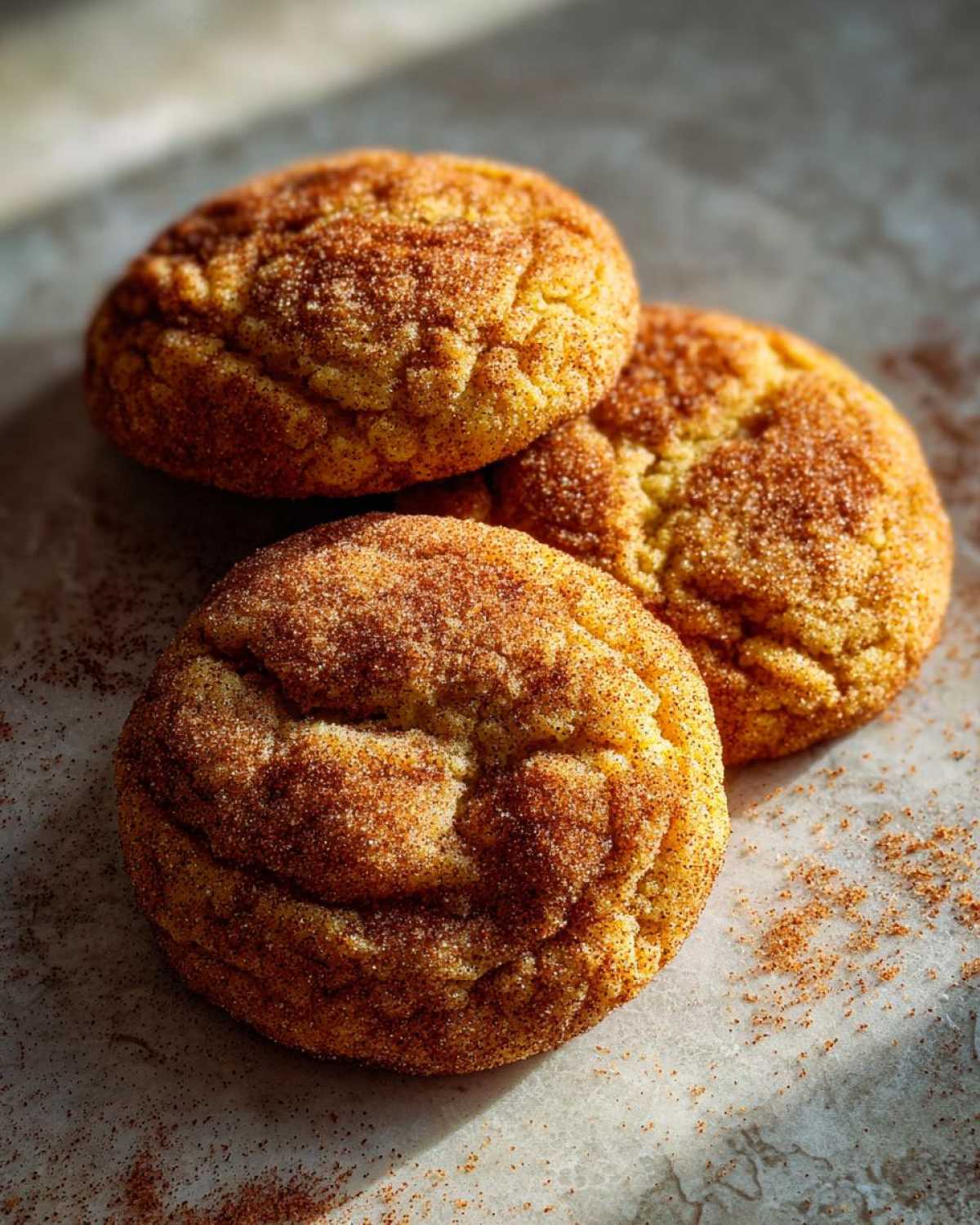 A stack of three chewy apple cider cookies, coated in cinnamon sugar, on a marble surface.