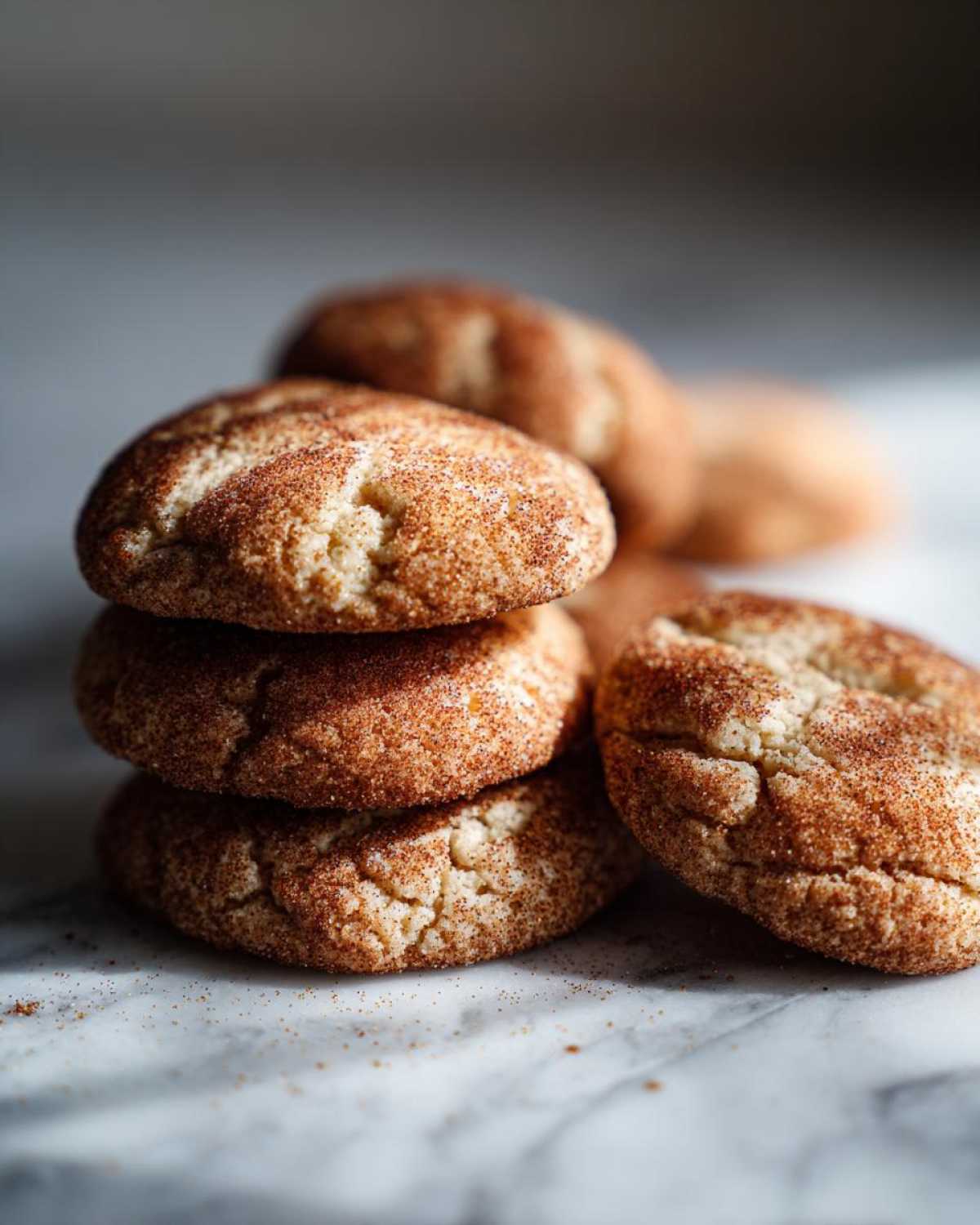 A stack of chewy apple cider cookies coated in cinnamon sugar on a marble surface.