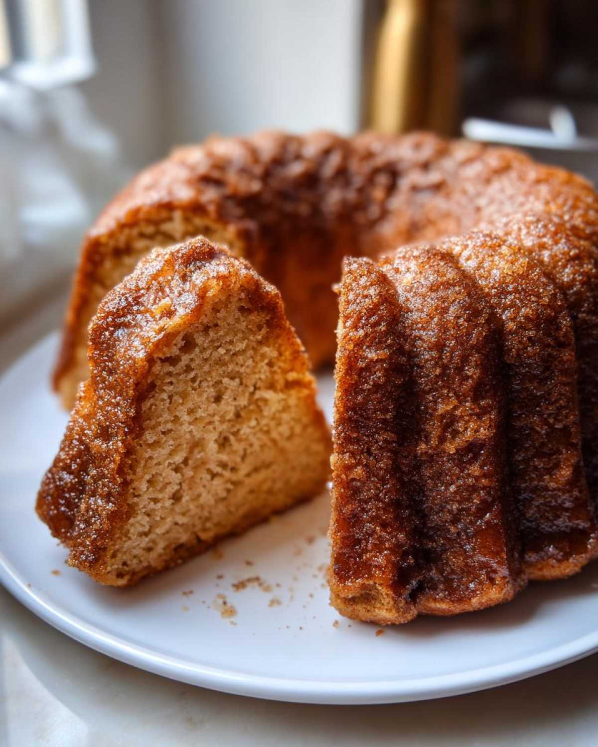 A slice removed from an apple cider donut cake, showcasing its texture and glaze on a white plate.