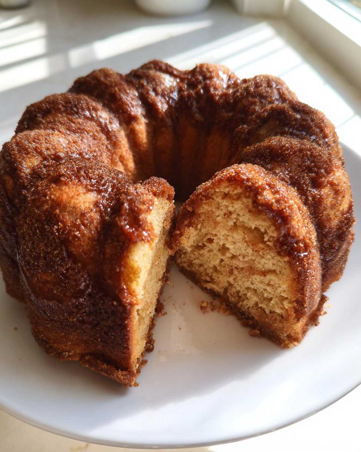 A delicious apple cider donut cake on a white plate with a slice cut out, showing the cake's texture.
