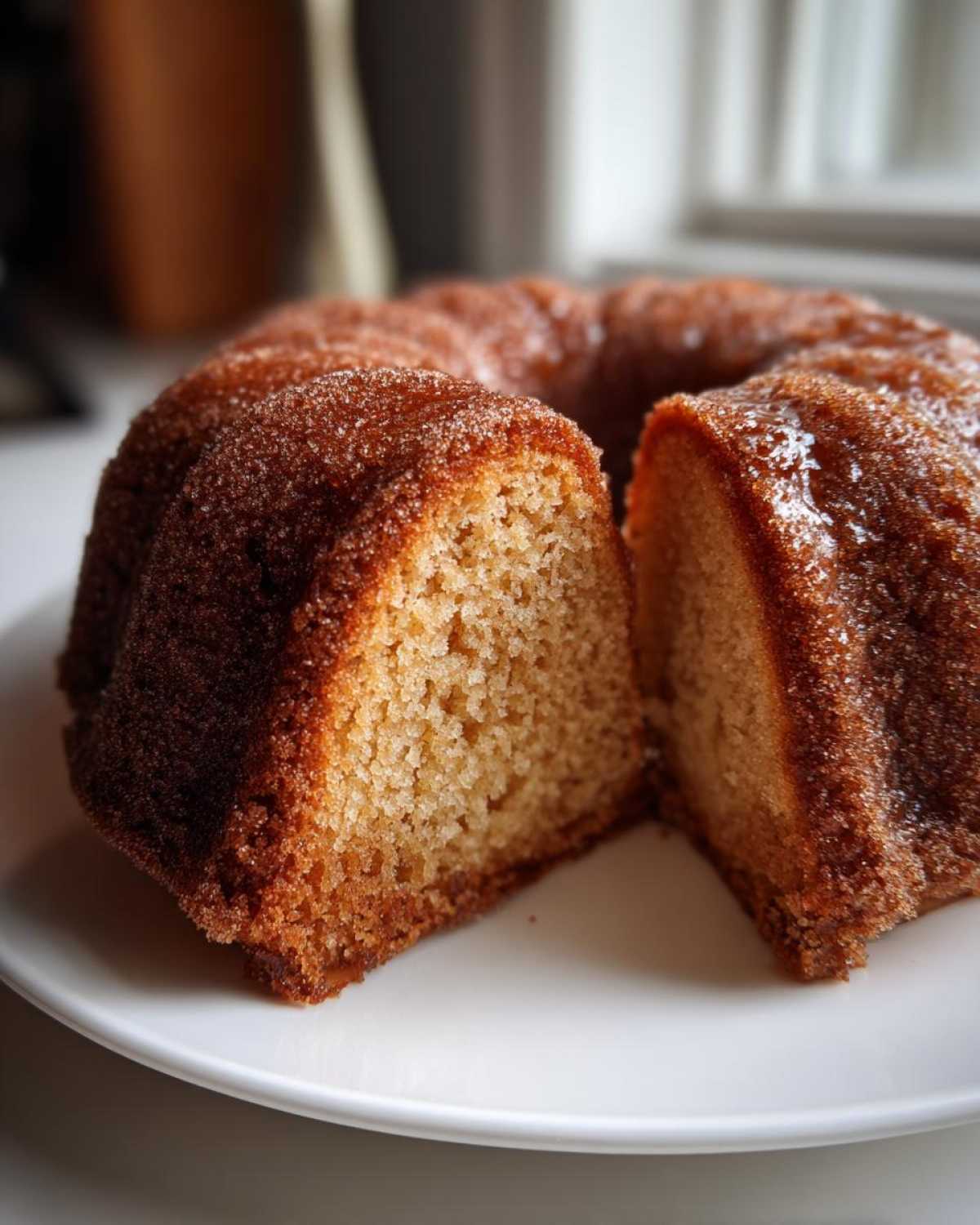 A sliced apple cider donut cake on a white plate, showcasing its moist texture and sugared crust.