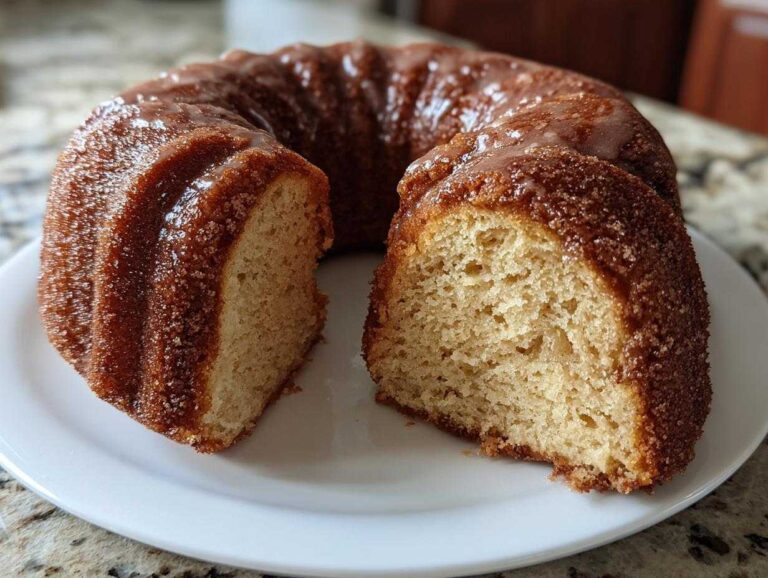 A slice removed from an apple cider donut cake, revealing the moist interior and cinnamon sugar coating.