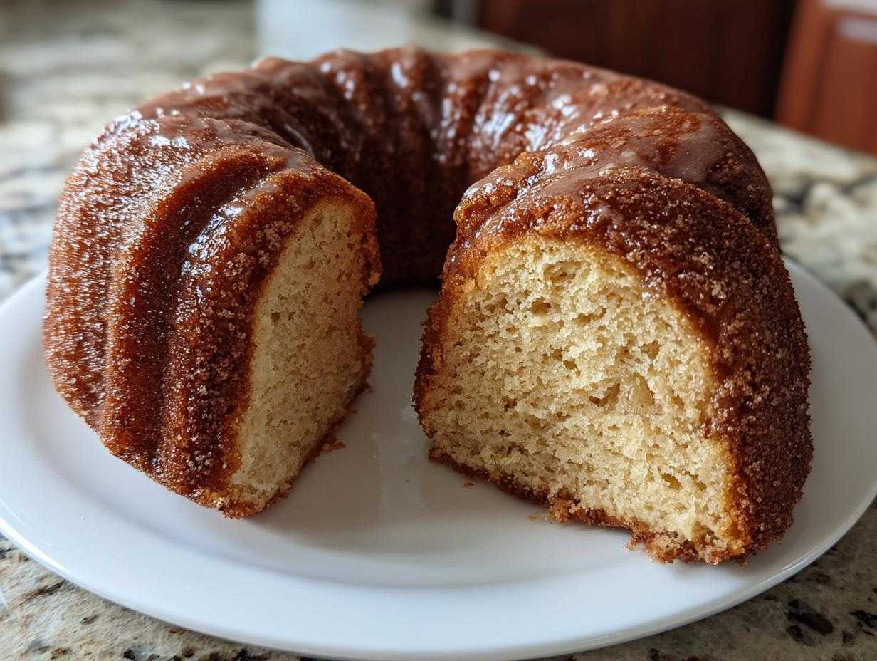 A slice removed from an apple cider donut cake, revealing the moist interior and cinnamon sugar coating.