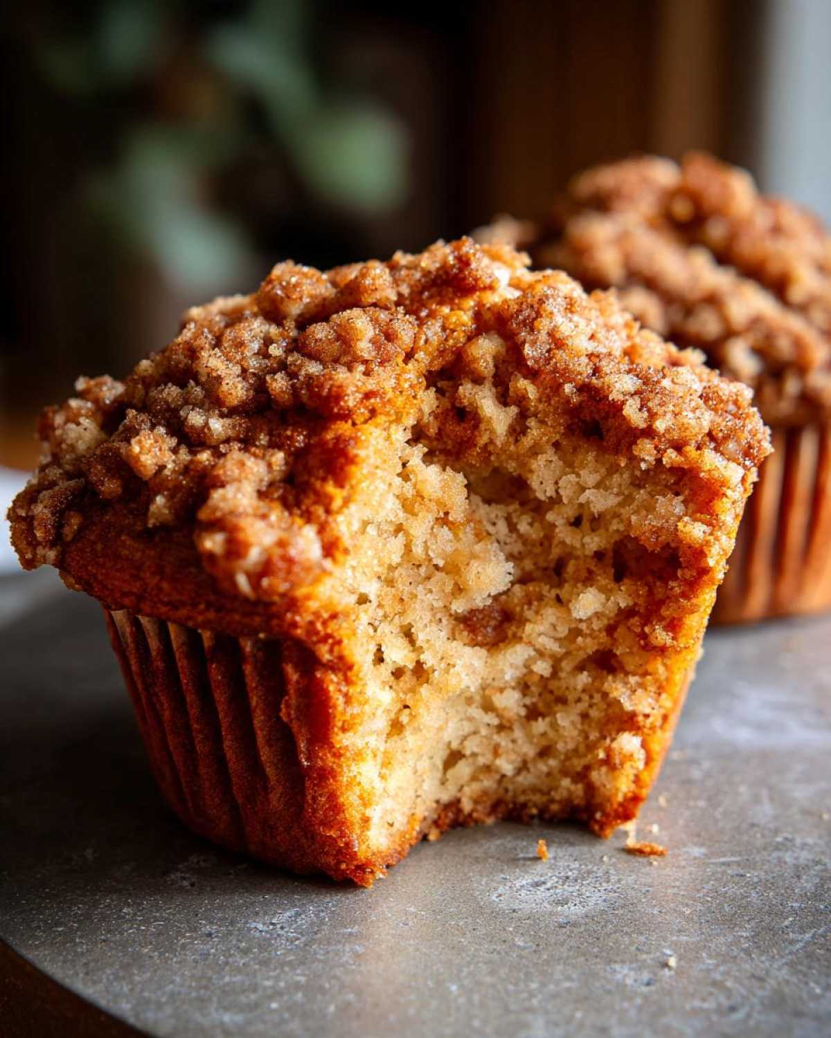Close-up of an apple cinnamon muffin with a bite taken out, showing the moist interior and crumble topping.
