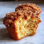 Close-up of an apple cinnamon muffin with a bite taken out, showing the moist interior and crumble topping.