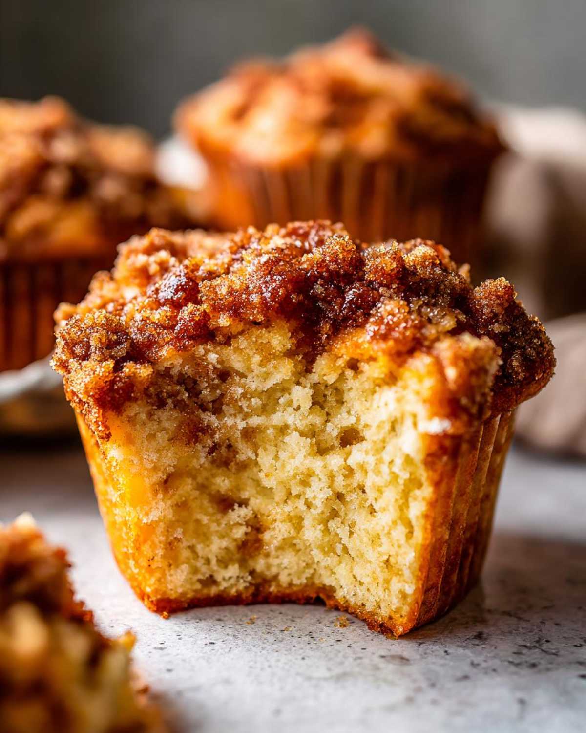 Close-up of a moist apple cinnamon muffin with a bite taken out, showcasing the crumbly topping.