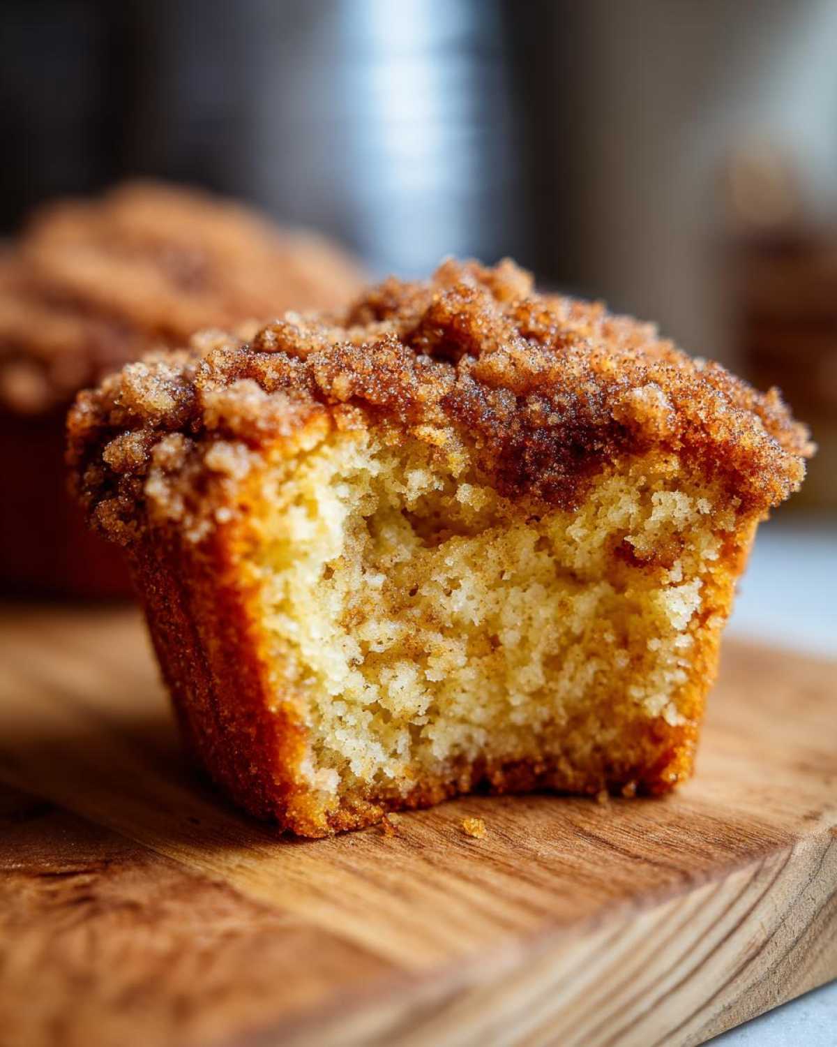 Close-up of a moist apple cinnamon muffin with a bite taken out, showing the soft interior and crumble topping.