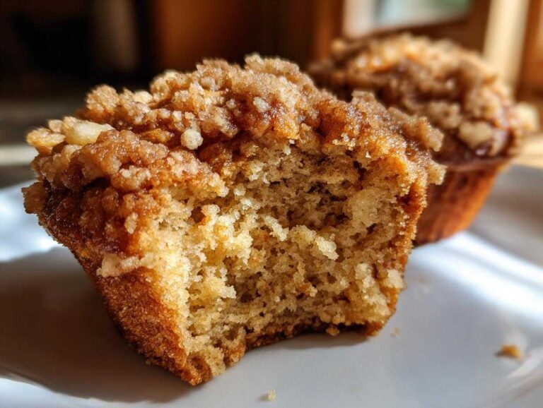 Close-up of a moist apple cinnamon muffin with a bite taken out, showing the texture and crumble topping.