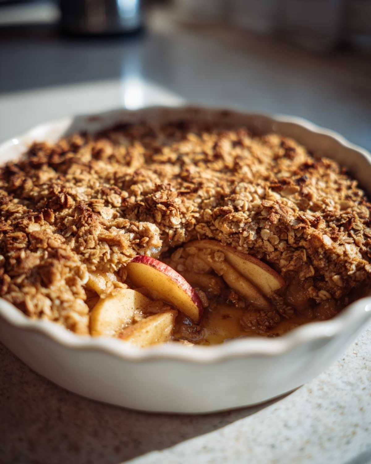 Close-up of a freshly baked apple crumble in a white dish, showing the apple filling and crispy topping.