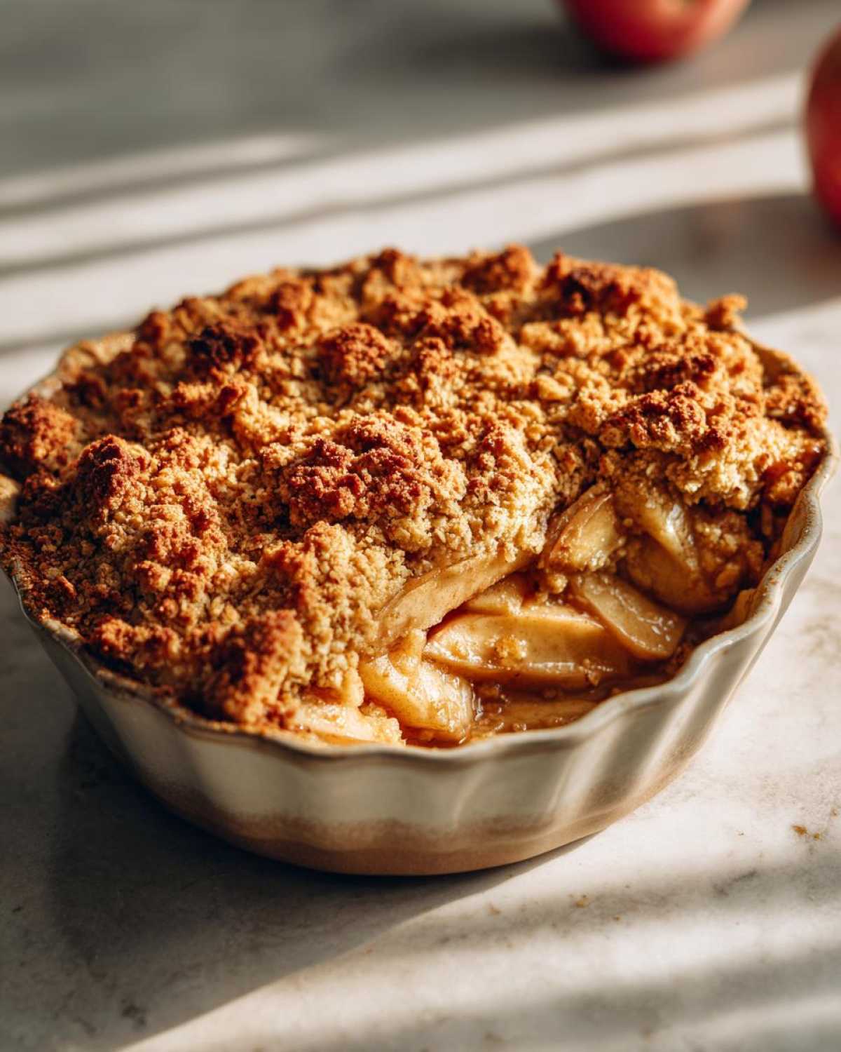 Close-up of a freshly baked apple crumble in a ceramic dish, showing the apple filling and golden brown topping.