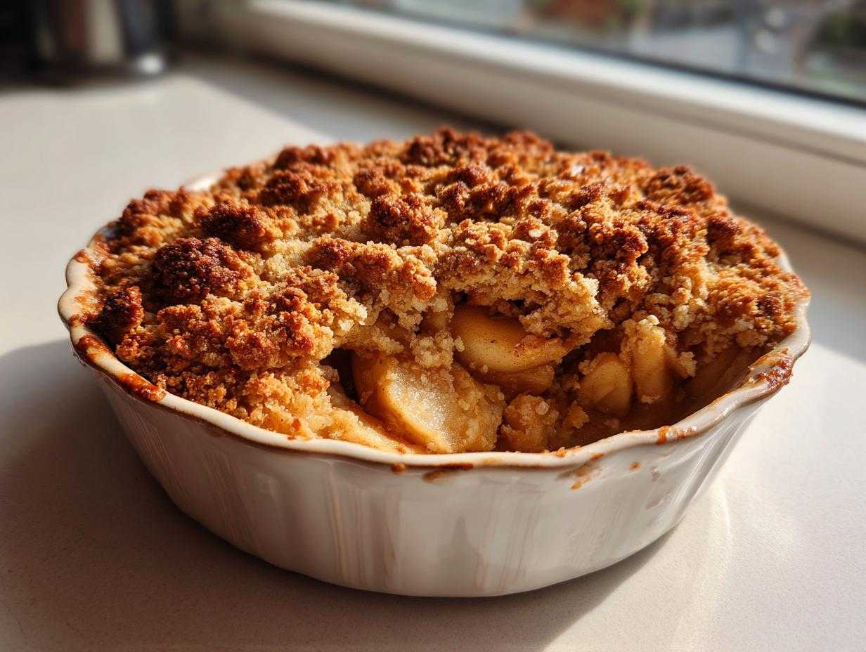 A freshly baked apple crumble in a white ceramic dish, showcasing a golden-brown, crumbly topping.