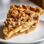 A delicious slice of apple crumble pie with a golden crumble topping on a white plate.