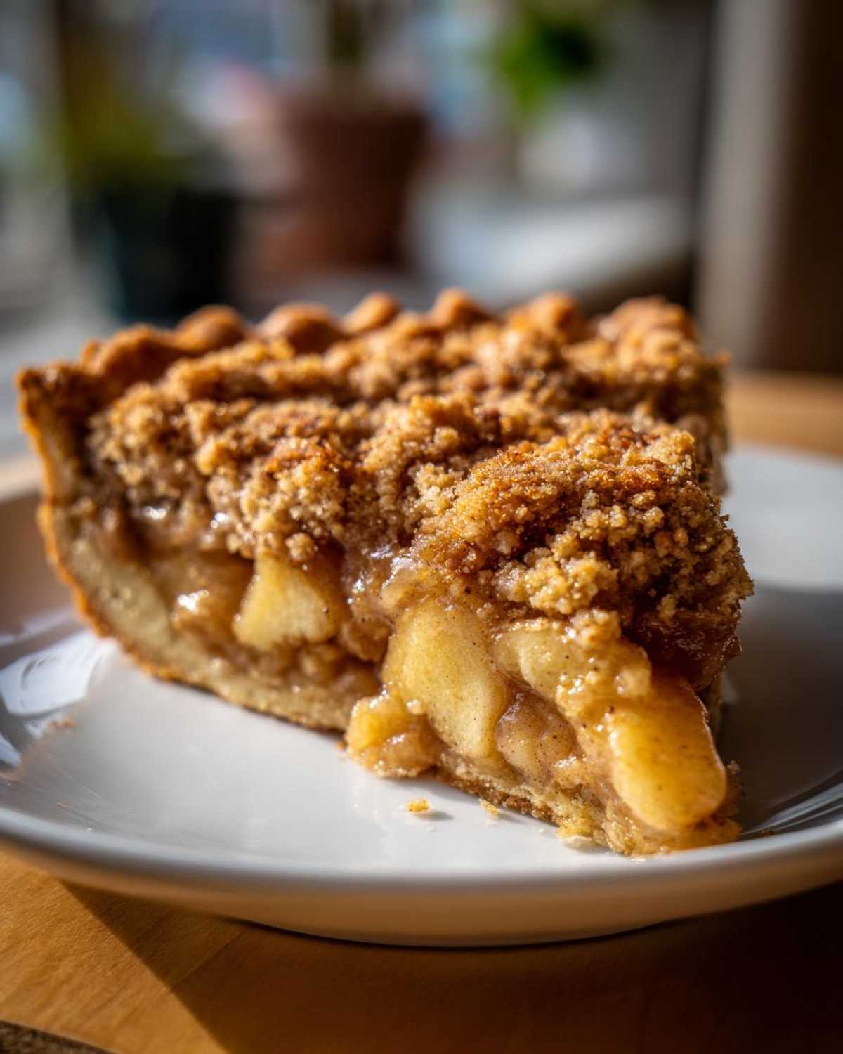 A delicious slice of apple crumble pie with a golden crust and apple filling on a white plate.