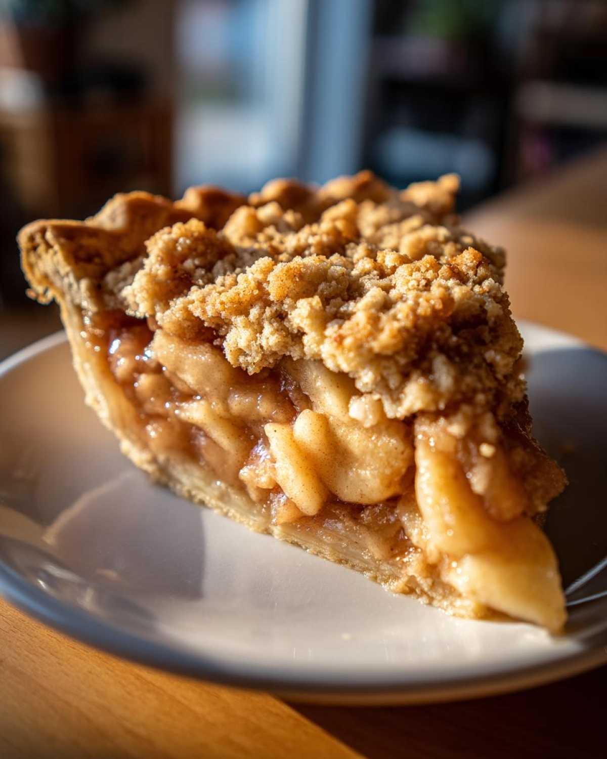 A delicious slice of apple crumble pie with a golden crust and crumble topping on a white plate.