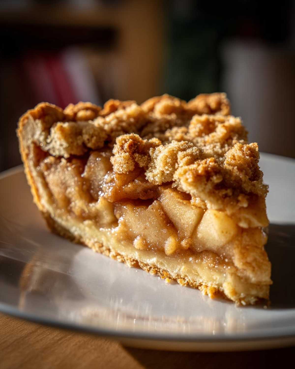 A delicious slice of apple crumble pie with a golden crust and crumble topping on a white plate.