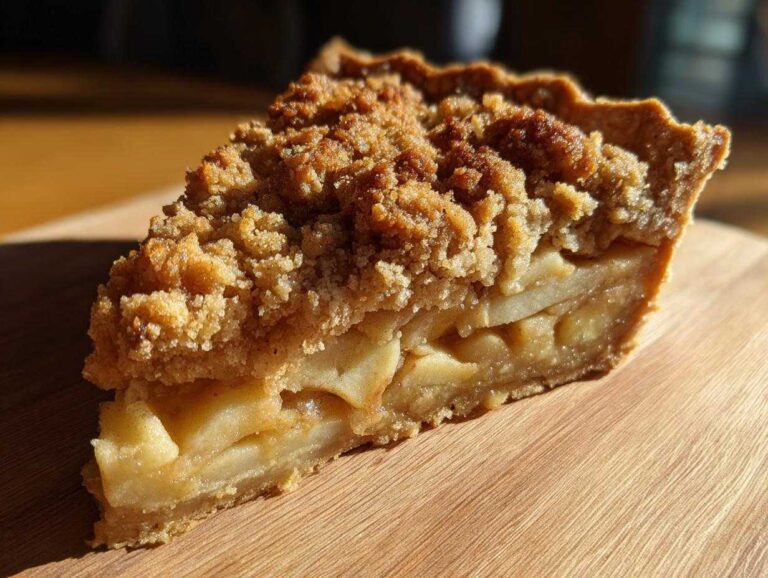 A delicious slice of apple crumble pie with a golden crust and crumbly topping, sitting on a wooden board.