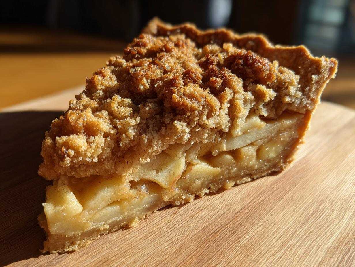 A delicious slice of apple crumble pie with a golden crust and crumbly topping, sitting on a wooden board.