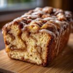 Close-up of a loaf of apple fritter bread with a sweet icing drizzle on a wooden board.