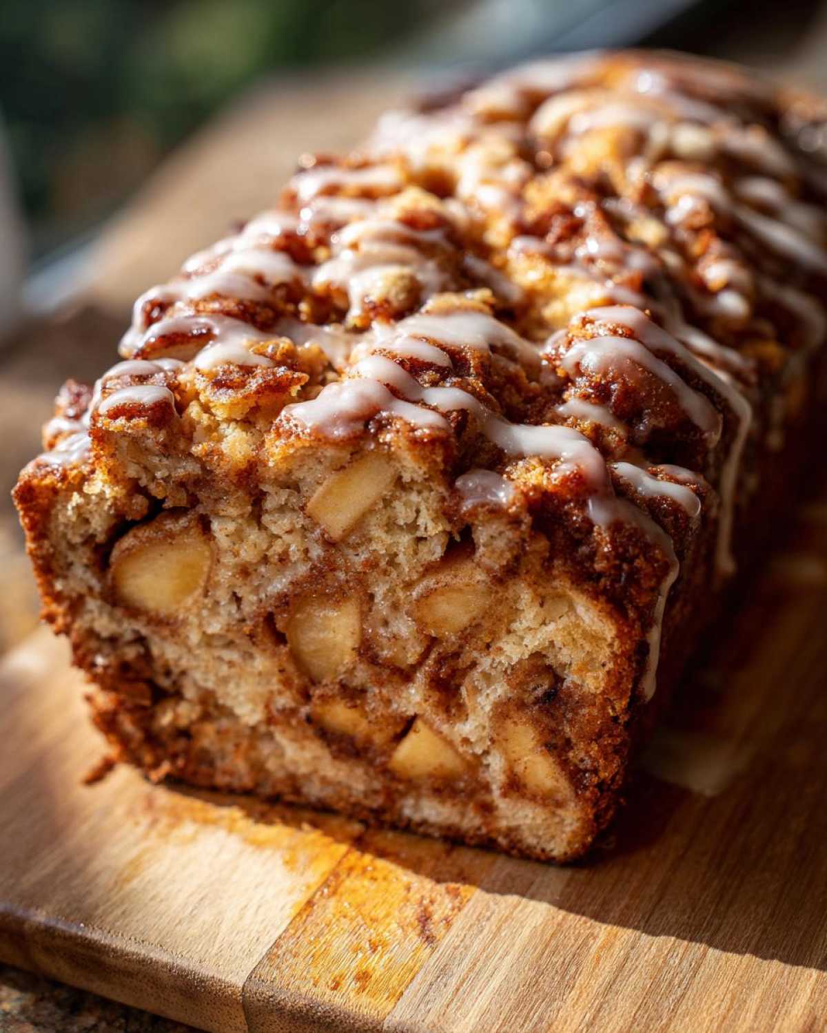 Close-up of a glazed apple fritter bread loaf with visible apple chunks on a wooden board.