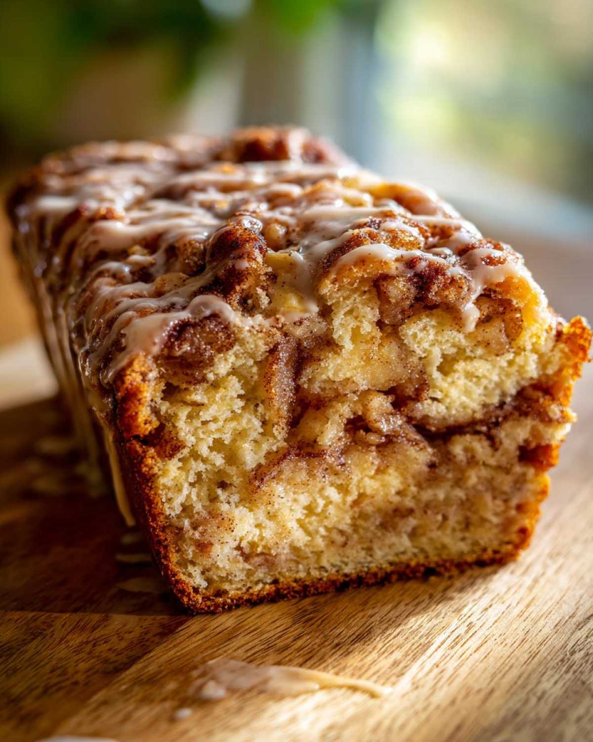 Close-up of a sliced loaf of apple fritter bread with a sweet glaze on a wooden board.