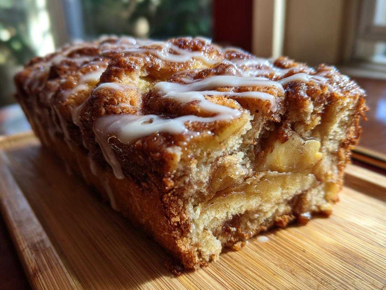 Close-up of a glazed apple fritter bread loaf on a wooden board, showing the apple filling and cinnamon swirl.