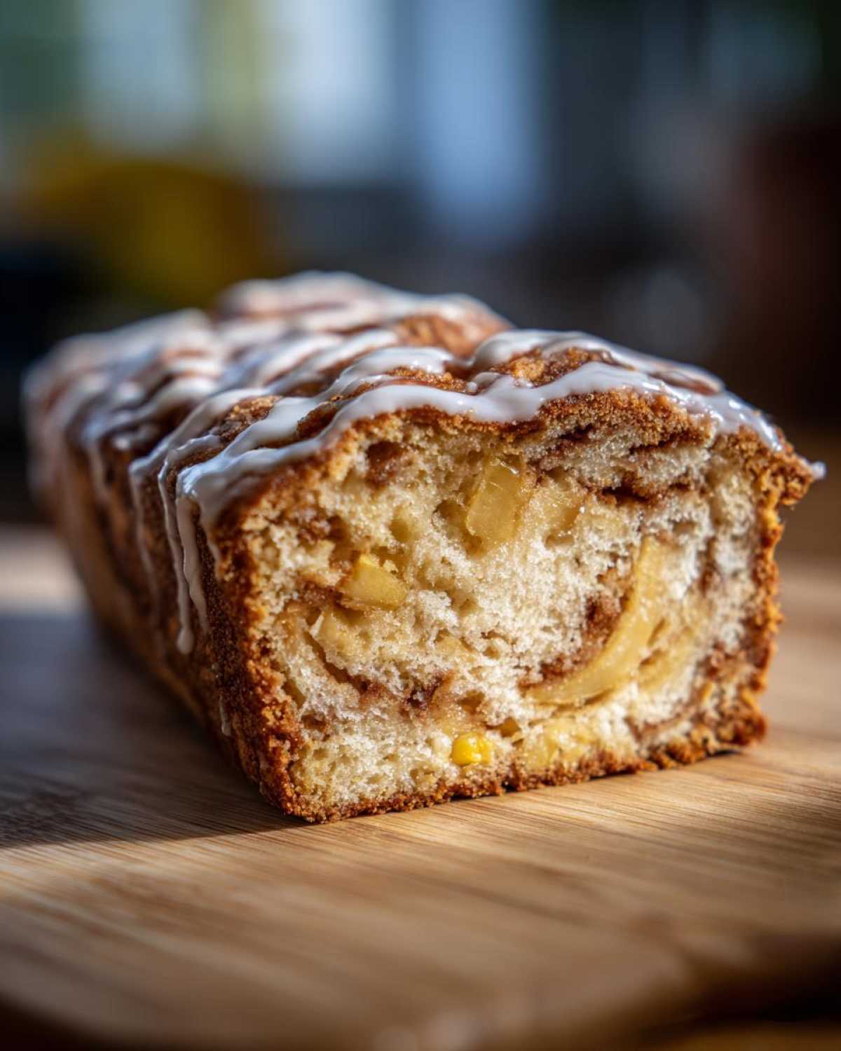 Close-up of a slice of apple fritter bread showing the apple filling, cinnamon swirl, and icing drizzle.