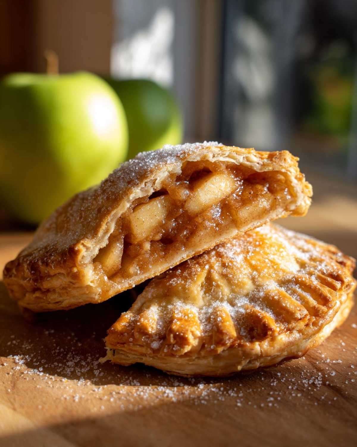 Two apple hand pies, one cut open to show the apple filling, dusted with sugar. Green apples in background.