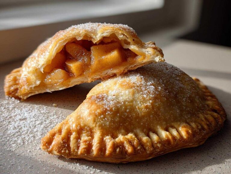 Two apple hand pies, one cut open to show the apple filling, dusted with sugar.