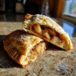 Two halves of a golden apple hand pie, cut to show the apple filling, sprinkled with sugar.