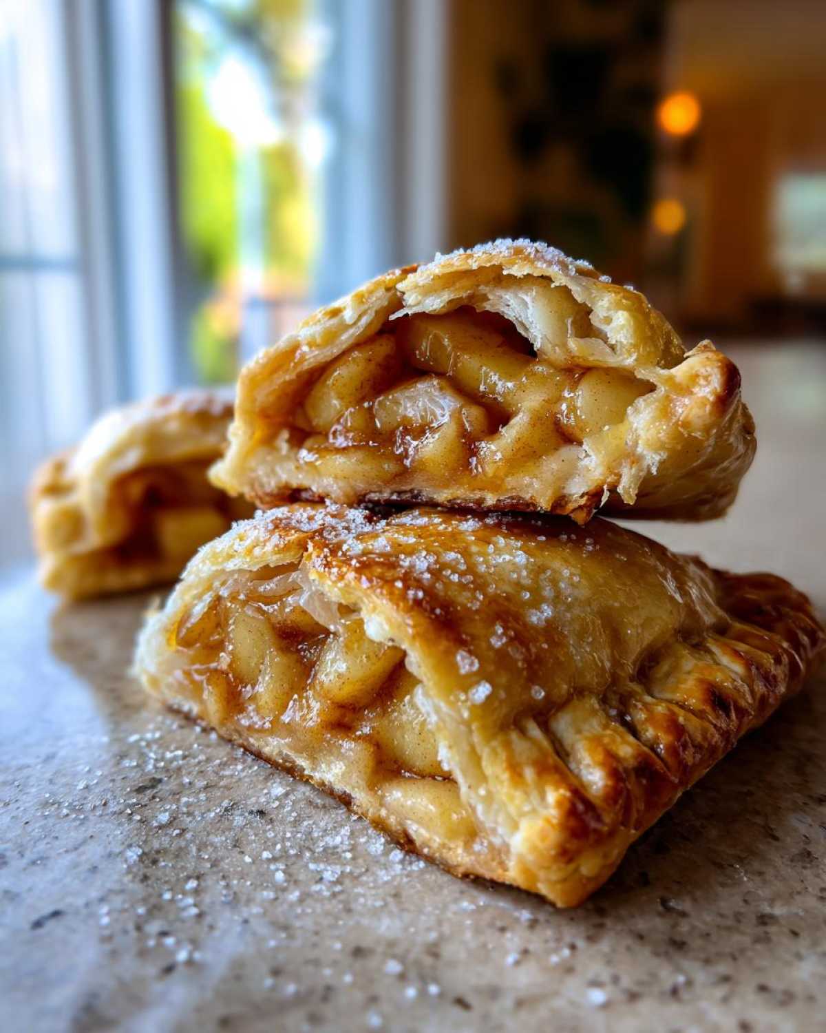 Close-up of stacked apple hand pies, showcasing the flaky crust and apple filling.