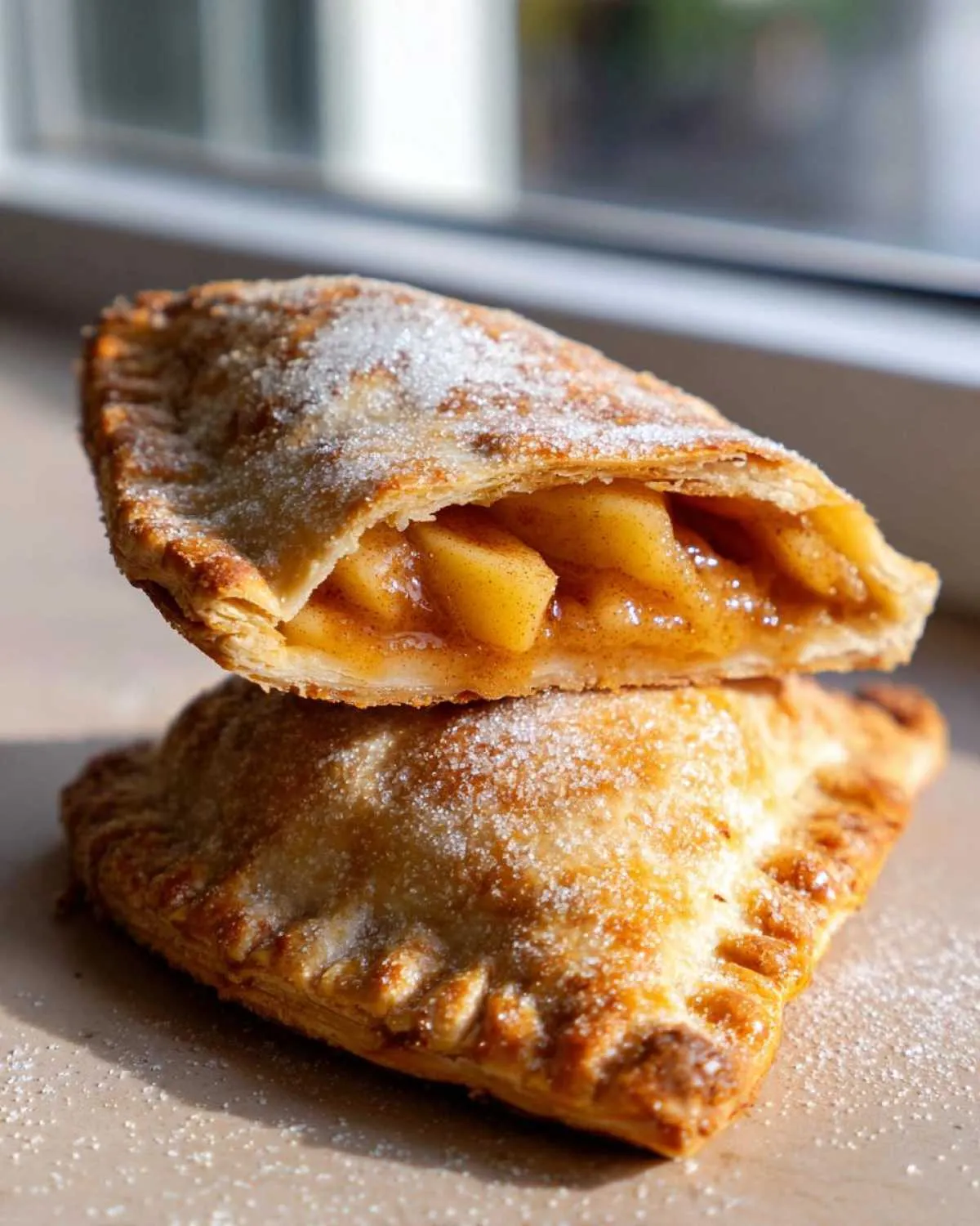 Two stacked apple hand pies, one cut open to show the apple filling, topped with sugar.