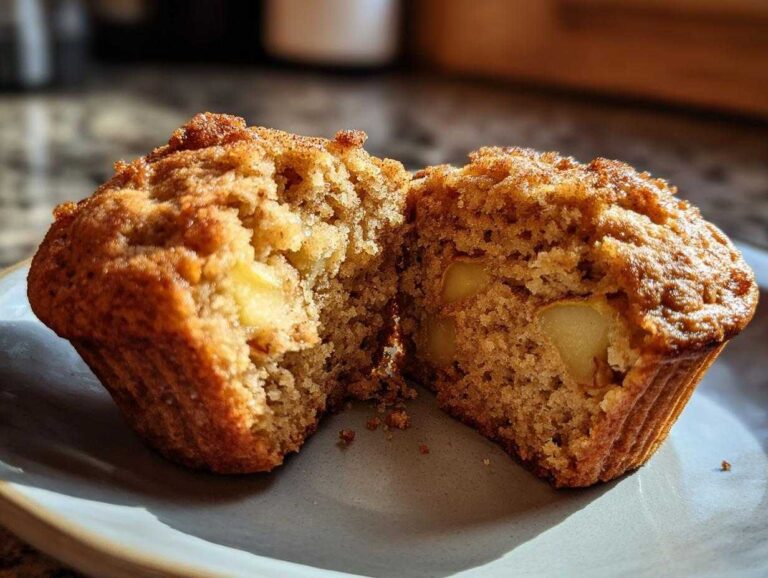 A halved apple muffin on a plate, showing the soft interior and chunks of apple.