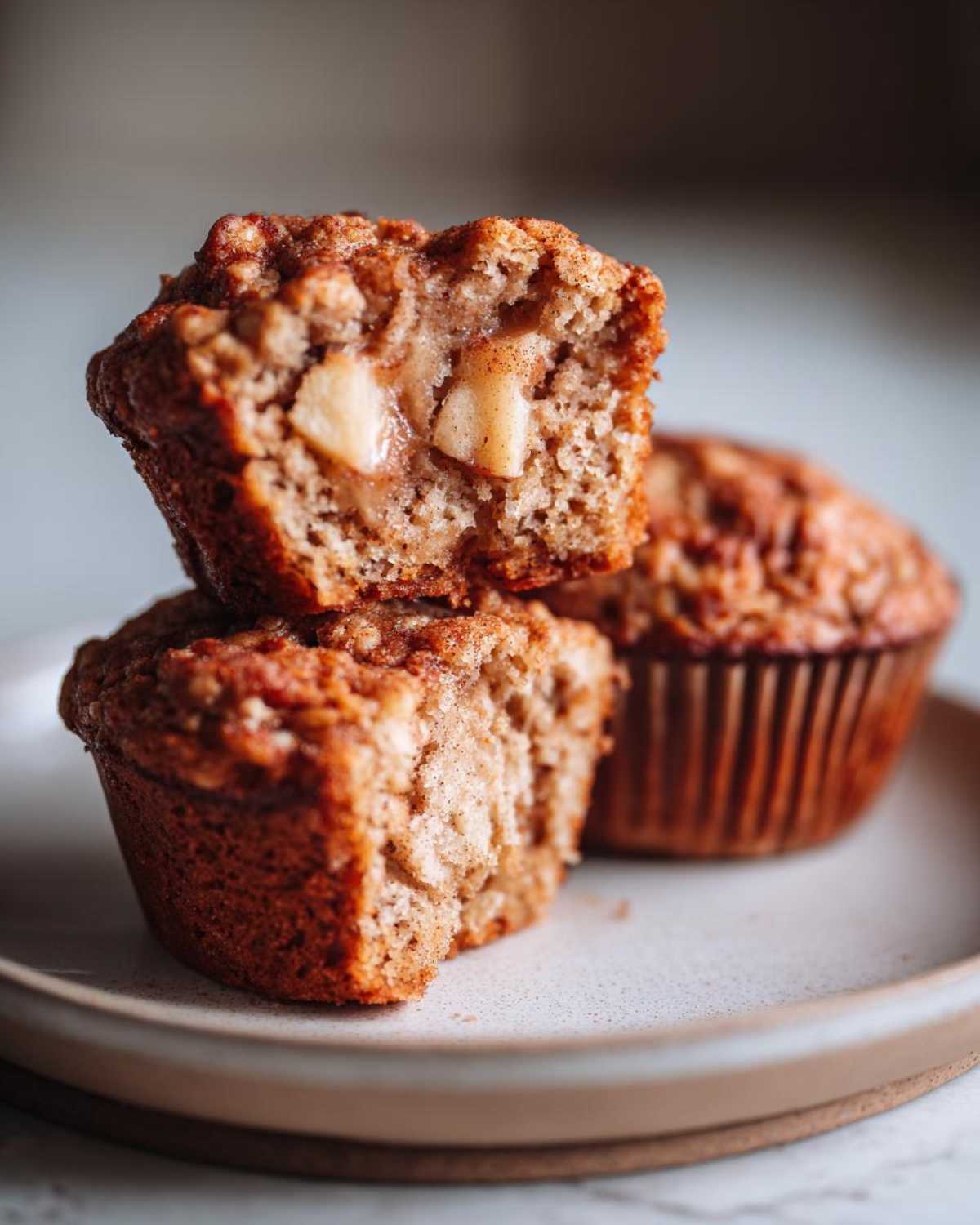 A stack of apple muffins, one cut open to show the apple pieces inside.