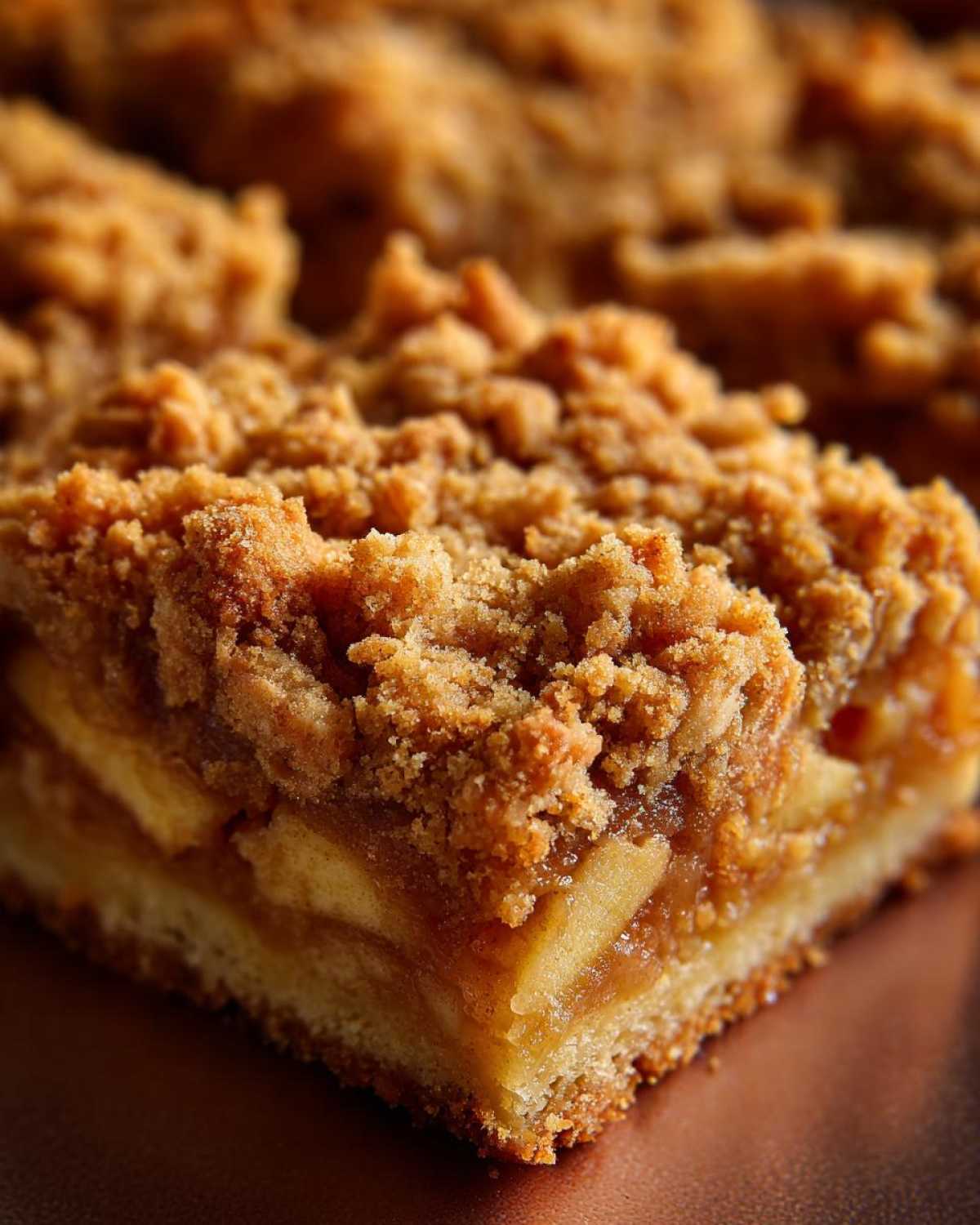 A close-up shot of apple pie bars, showcasing the layers of crust, apple filling, and crumb topping.