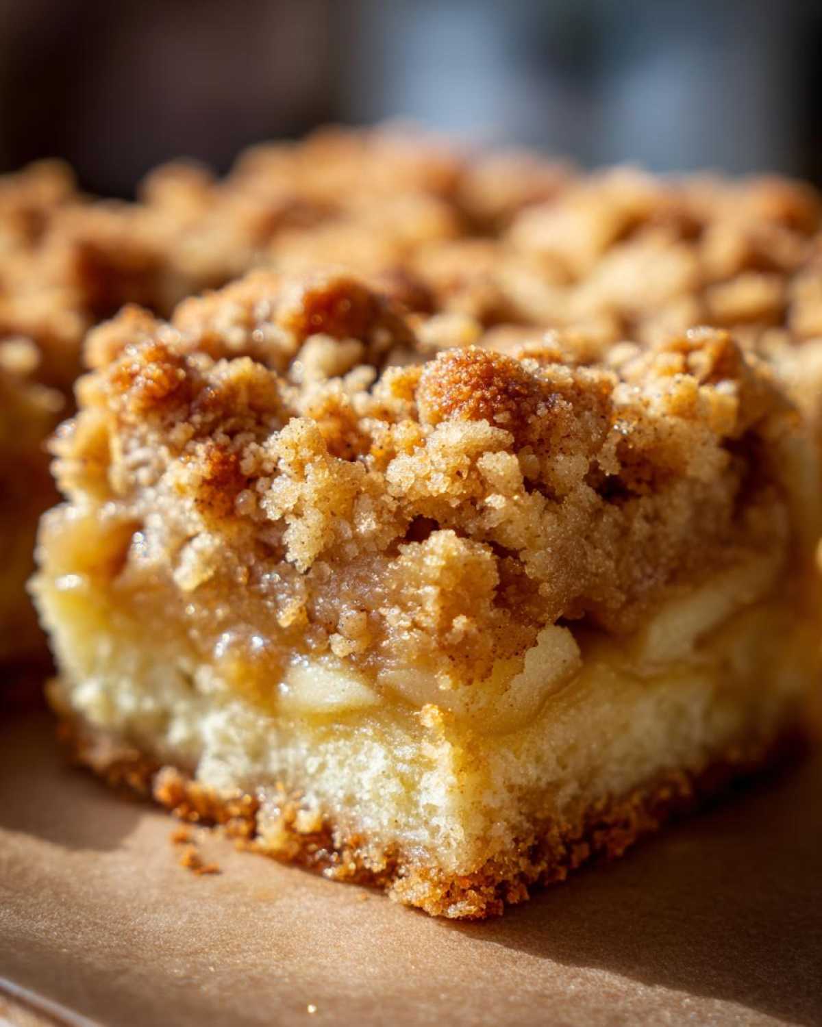 A close-up of a freshly baked apple pie bars, showcasing the layers of crust, apple filling, and crumb topping.