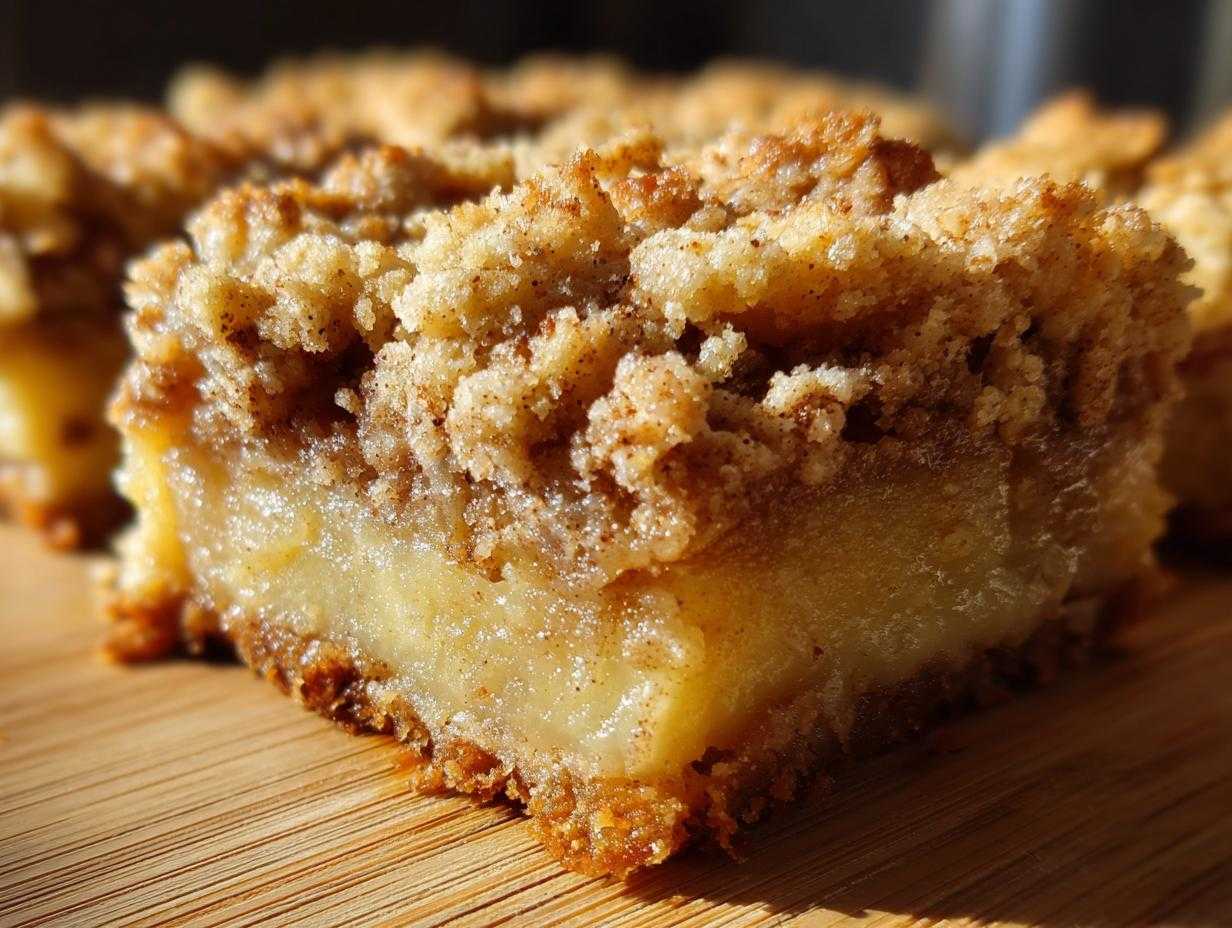 A close-up view of a freshly baked apple pie bars with a crumbly topping on a wooden surface.