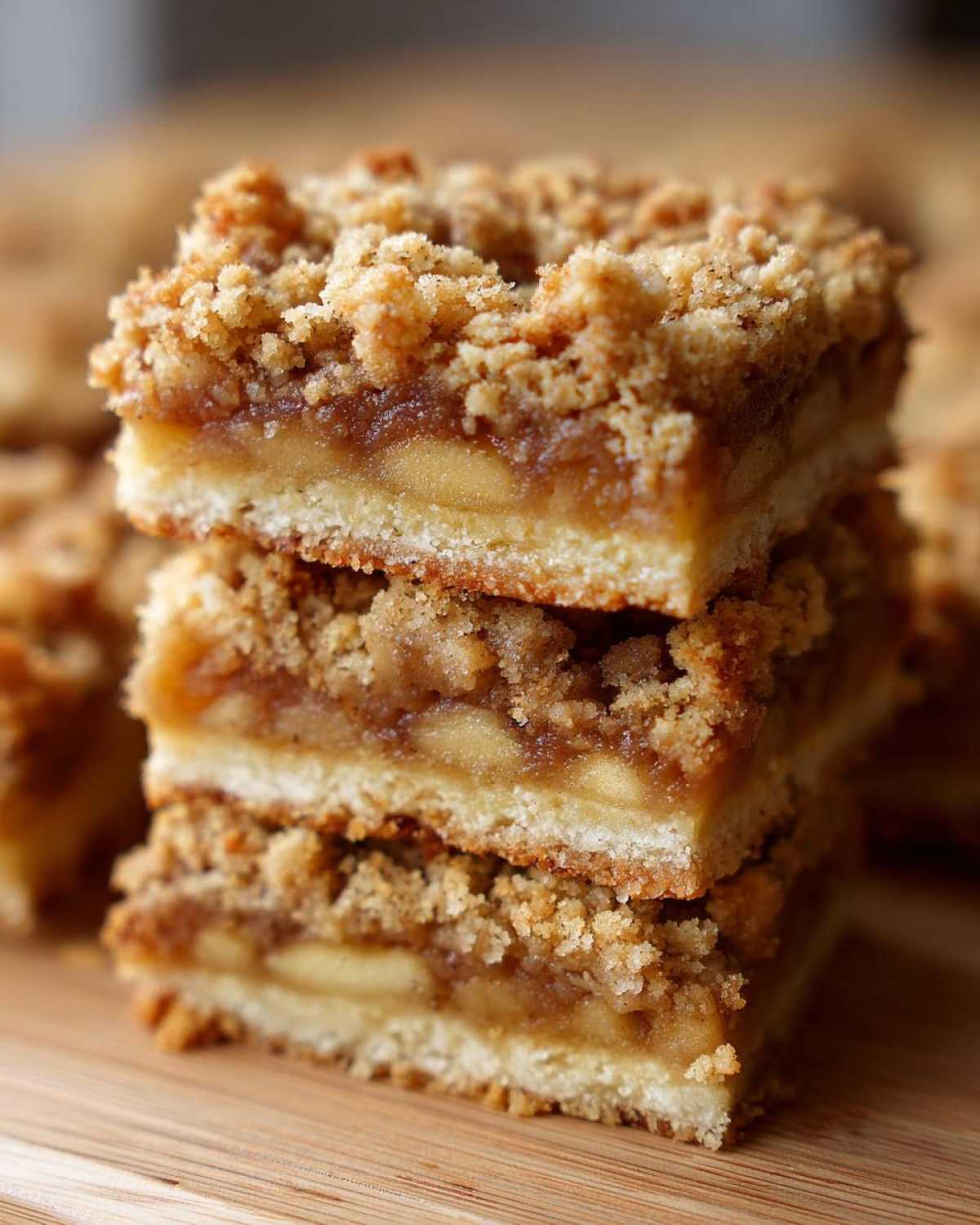 A stack of three apple pie bars with a golden crumble topping, showcasing the apple filling.