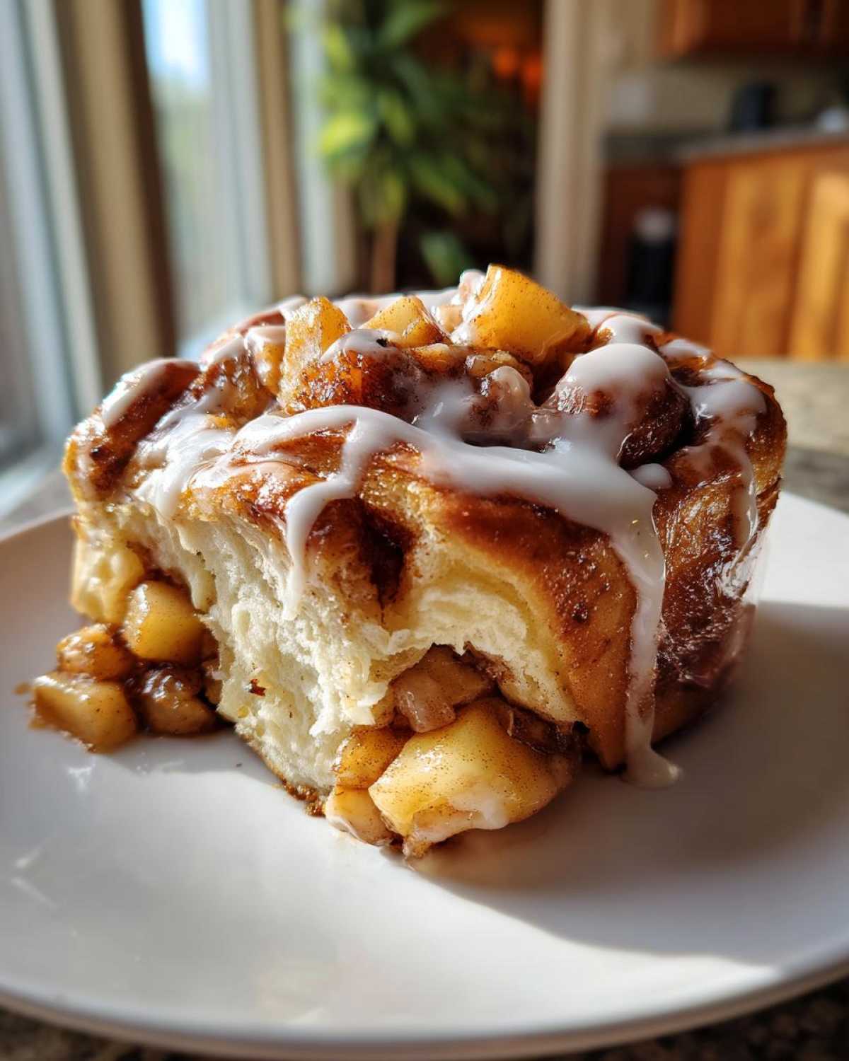 Close-up of a freshly baked apple pie cinnamon roll topped with icing on a white plate.