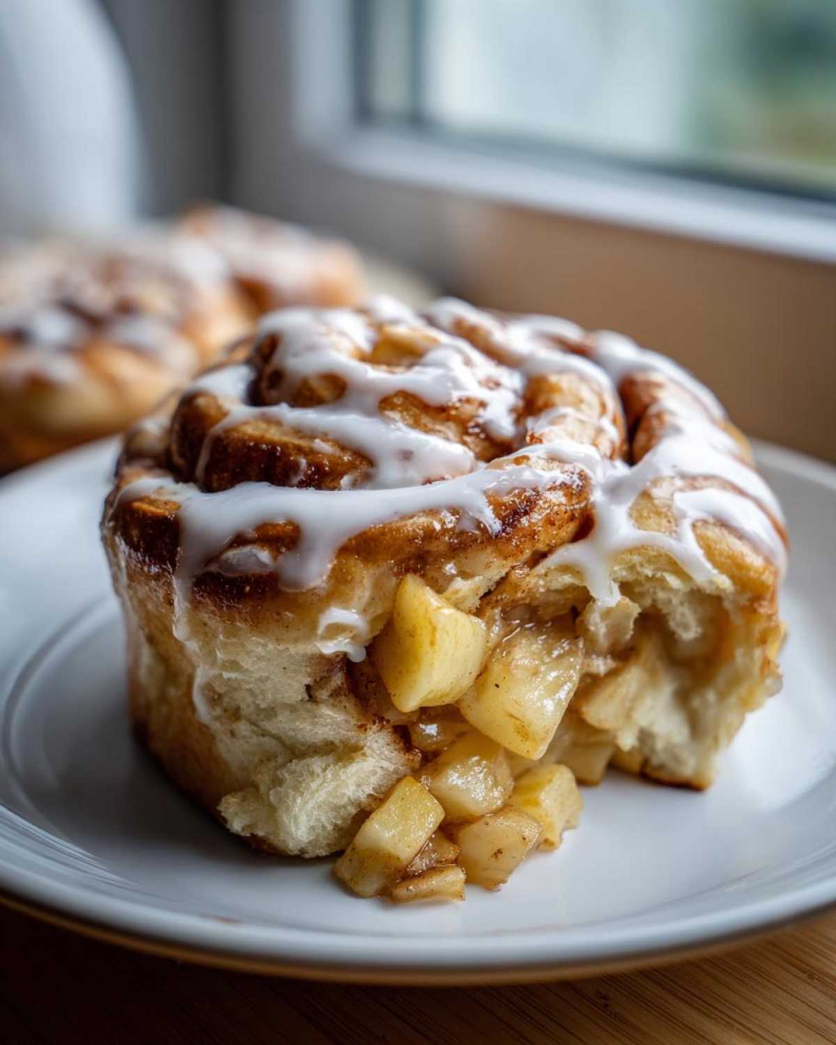 Close-up of a glazed apple pie cinnamon roll with apple filling spilling out onto a white plate.
