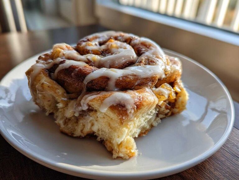 Close-up of an apple pie cinnamon roll with icing on a white plate, ready to eat.