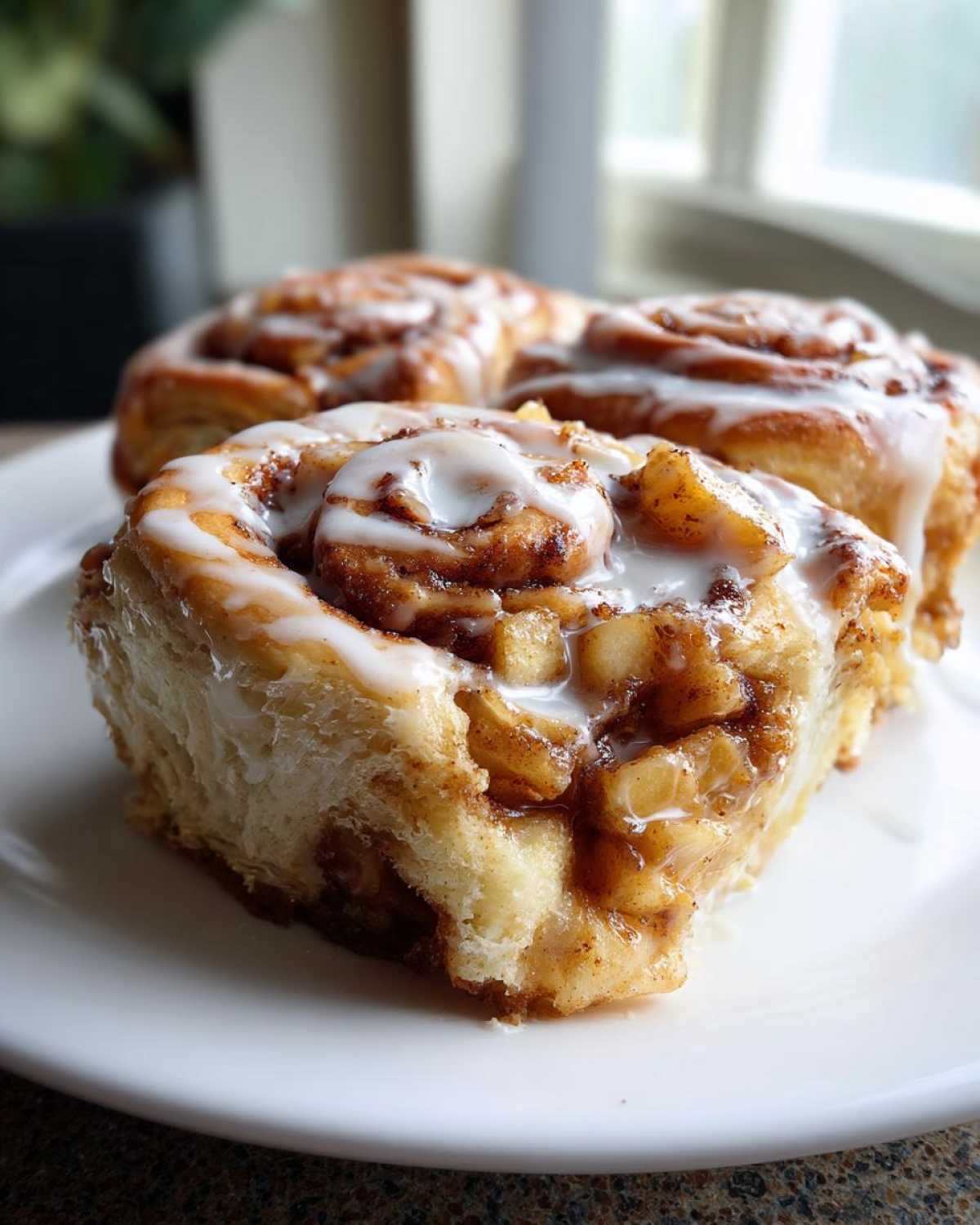 Close-up of apple pie cinnamon rolls drizzled with sweet glaze on a white plate.