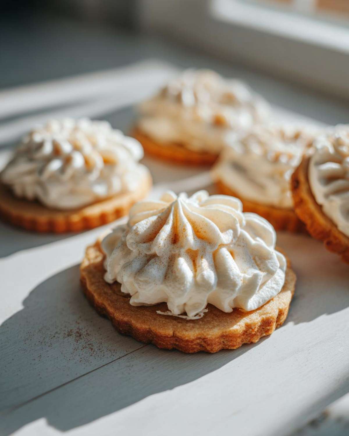 Close-up of apple pie cookies topped with a swirl of cream, sitting on a white surface.