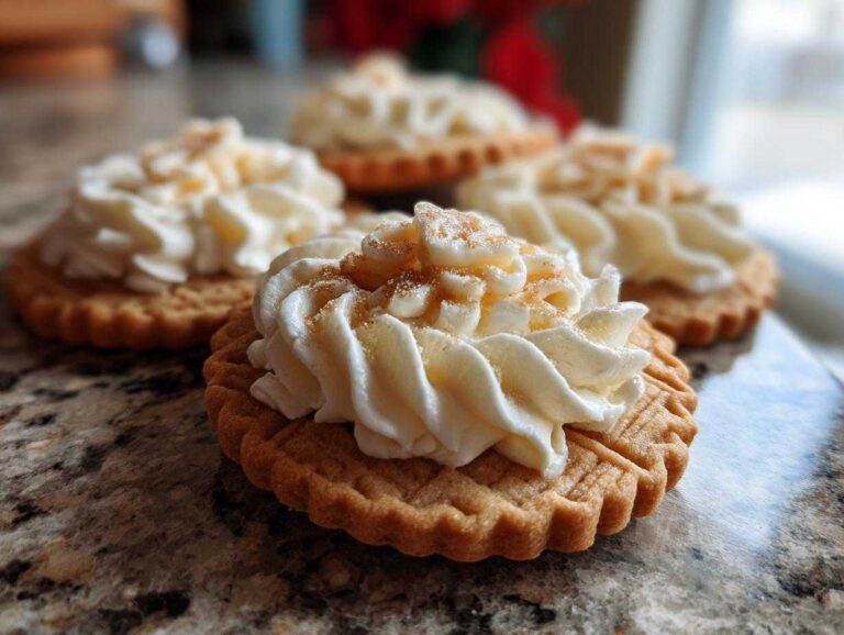 Close-up of apple pie cookies topped with cream and a dusting of spice, ready to eat.