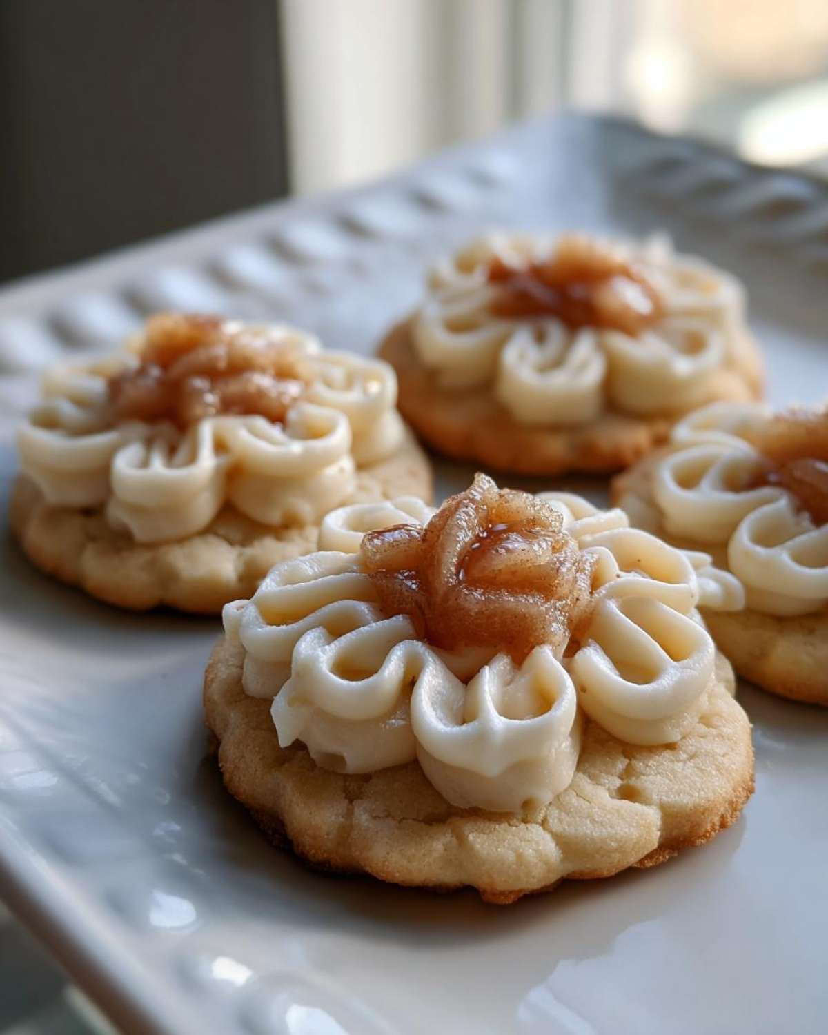Close-up of apple pie cookies topped with frosting and apple filling on a white plate.