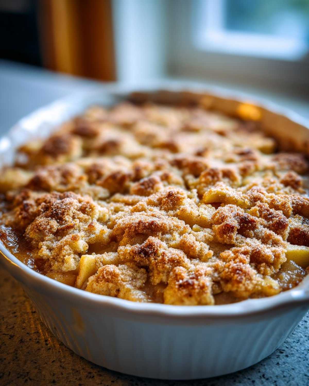 Close-up of a freshly baked apple pie dump cake in a white baking dish, showing the crumble topping.